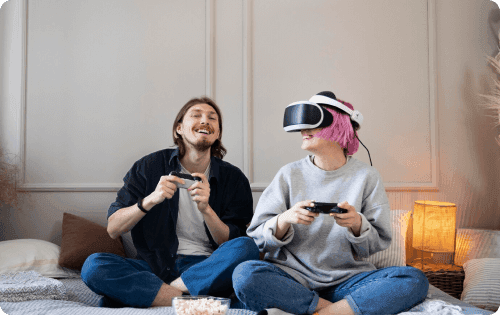 Session de jeu VR en groupe - Des amis jouent ensemble en réalité virtuelle